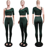 Solid One Shoulder Split Pants Two Piece Sets WY-6734