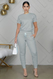 Solid Short Sleeve Stacked Pants Two Piece Sets WY-6762