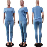 Solid Short Sleeve Stacked Pants Two Piece Sets WY-6762