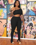 Solid One Shoulder Split Pants Two Piece Sets WY-6734