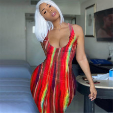 Tie Dye Print Sleeveless Split Slim Maxi Dress YMEF-5021