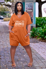 Plus Size Letter Print V Neck Loose Romper YMEF-5022