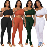 Solid One Shoulder Split Pants Two Piece Sets WY-6734