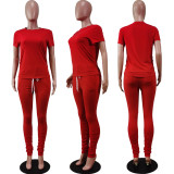 Solid Short Sleeve Stacked Pants Two Piece Sets WY-6762