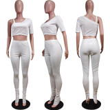 Solid One Shoulder Split Pants Two Piece Sets WY-6734
