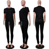 Solid Short Sleeve Stacked Pants Two Piece Sets WY-6762