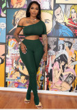 Solid One Shoulder Split Pants Two Piece Sets WY-6734