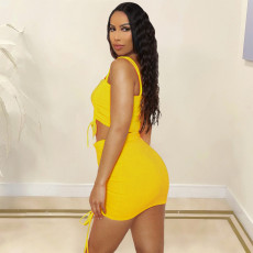 Sexy Solid Drawstring Ruched Two Piece Skirt Sets BDF-6003