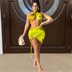 Letter Print Wrap Chest Mini Skirt 2 Piece Sets JH-253