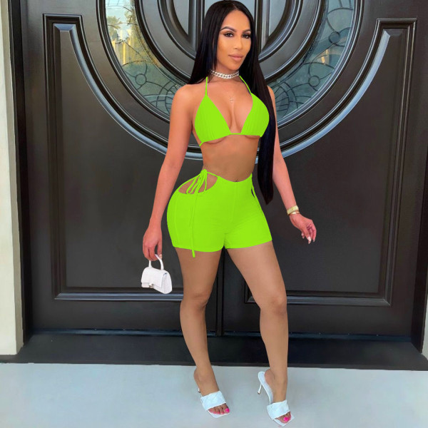 Sexy Solid Bra Top And Shorts Two Piece Sets FOSF-8082