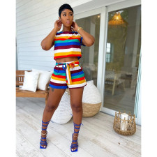 Colorful Striped T Shirt+Sashes Shorts Two Piece Sets FOSF-8083