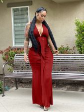 Sexy Sleeveless V Neck Ruched Long Evening Dress OMY-0029