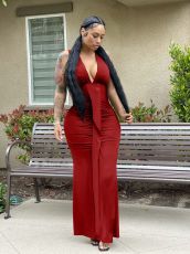 Sexy Sleeveless V Neck Ruched Long Evening Dress OMY-0029
