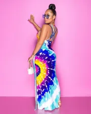 Sexy Printed Split Backless Cross Strap Maxi Dress SXF-2119