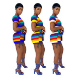 Colorful Striped T Shirt+Sashes Shorts Two Piece Sets FOSF-8083