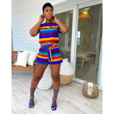 Colorful Striped T Shirt+Sashes Shorts Two Piece Sets FOSF-8083