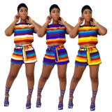 Colorful Striped T Shirt+Sashes Shorts Two Piece Sets FOSF-8083