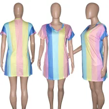 Colorful Striped V Neck Short Sleeve Casual Dress SH-390132