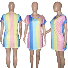 Colorful Striped V Neck Short Sleeve Casual Dress SH-390132
