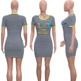 Plus Size Casual Striped Letter Print Short Sleeve Mini Dress SH-3808
