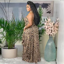 Leopard Print Sleeveless Pocket Strap Maxi Dress SH-390125