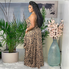 Leopard Print Sleeveless Pocket Strap Maxi Dress SH-390125