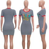 Plus Size Casual Striped Letter Print Short Sleeve Mini Dress SH-3808