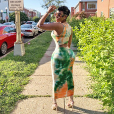 Tie Dye Print Sleeveless Hollow Out Long Dress SH-390128