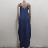Plus Size Spaghetti Strap Loose Denim Maxi Dress SMR-8908