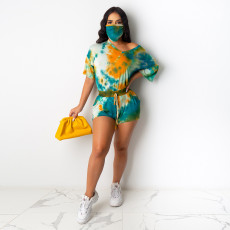 Tie Dye Casual Two Piece Shorts Set With Mask SH-3811