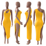 Sexy Solid Color Oblique Shoulder Split Dress NIK-246