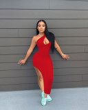 Sexy Solid Color Oblique Shoulder Split Dress NIK-246