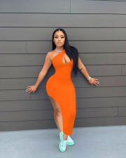 Sexy Solid Color Oblique Shoulder Split Dress NIK-246