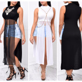 Sexy Mesh Patchwork Sleeveless Split Long Top SH-S045