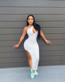 Sexy Solid Color Oblique Shoulder Split Dress NIK-246
