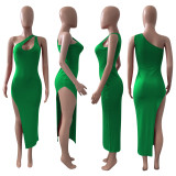 Sexy Solid Color Oblique Shoulder Split Dress NIK-246