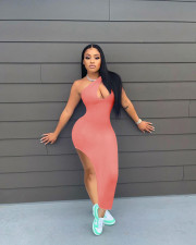 Sexy Solid Color Oblique Shoulder Split Dress NIK-246