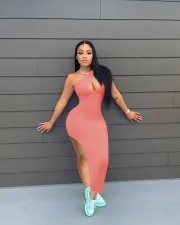 Sexy Solid Color Oblique Shoulder Split Dress NIK-246