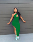 Sexy Solid Color Oblique Shoulder Split Dress NIK-246