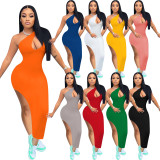 Sexy Solid Color Oblique Shoulder Split Dress NIK-246