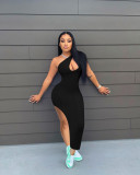Sexy Solid Color Oblique Shoulder Split Dress NIK-246