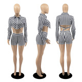 Casual Striped Shirt Top And Shorts 2 Piece Sets DDF-8109