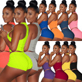 Plus Size Solid Fitness Yoga Two Piece Shorts Set SH-390074
