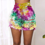 Plus Size Denim Tie Dye Ripped Hole Jeans Shorts SH-3846