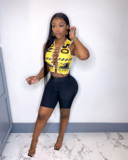 Letter Print Bandage Hollow Top And Shorts Two Piece Sets NM-8367