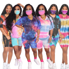 Plus Size Tie Dye V Neck Two Piece Shorts Set Without Mask SH-3759