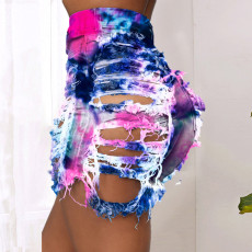 Plus Size Denim Tie Dye Ripped Hole Jeans Shorts SH-3846