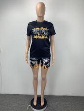 Fashion Casual Flame Letter Print Two Piece Sets ML-7443