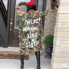 Plus Size Camo Print Full Sleeve Long Coat SH-3726