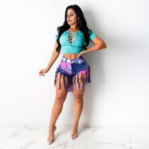 Plus Size Tie Dye Print Tassel Shorts SH-3797